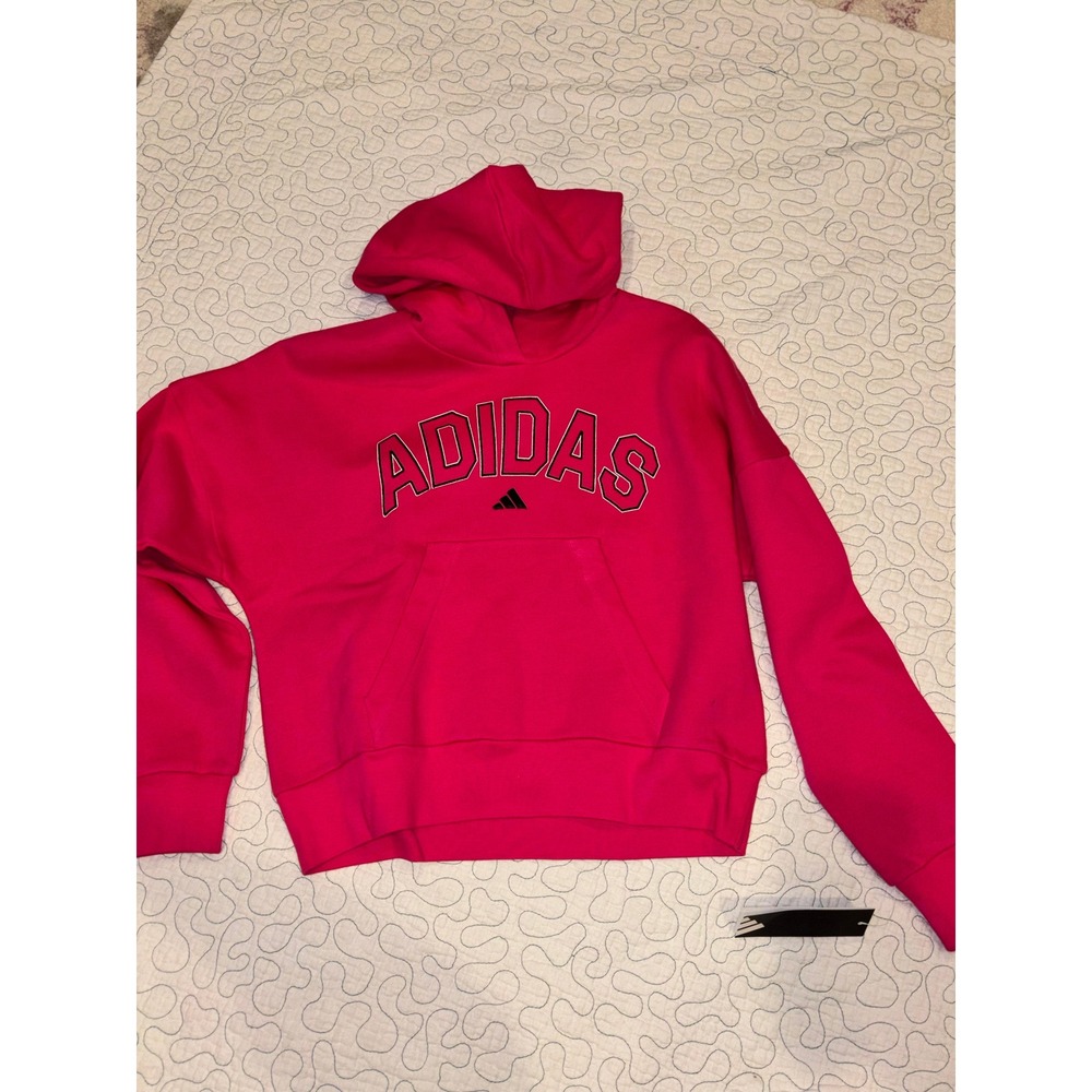 Adidas Girls Shock Pink Graphic Fleece Hooded Pullover Sweatshirt Size Large